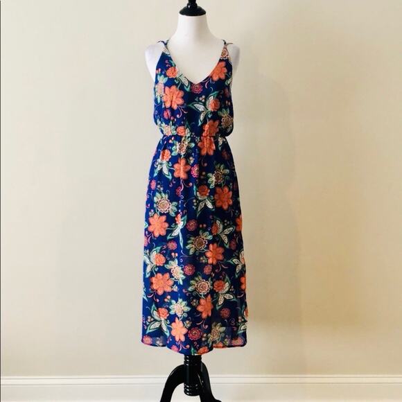 Floral Midi Dress Blue Elastic Cinched Waist - Picture 3 of 6